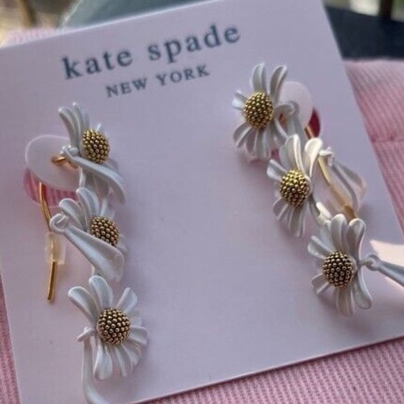 Kate Spade New York Daisy Flower Climber Statement Earrings White Gold NEW